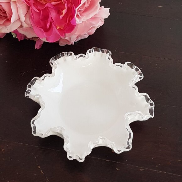 Fenton Silver Crest Milk Glass Candy Dish with Clear Ruffled Rim - Picture 9 of 9